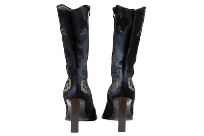 Vintage black calf hair Italian boots with floral motif and sleek high heel