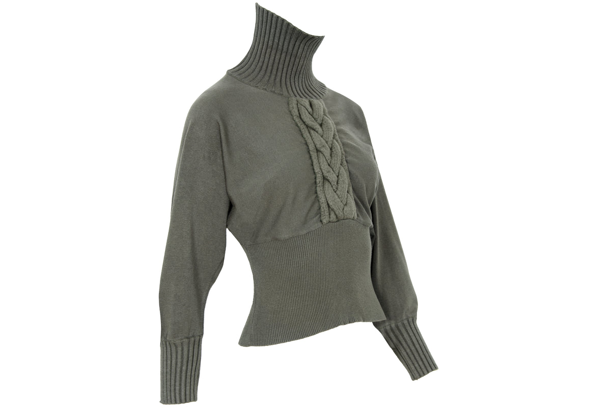 F/W 2001 Amaya Arzuaga olive green knit top with fitted waist and puff sleeves