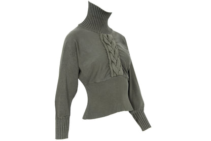 F/W 2001 Amaya Arzuaga olive green knit top with fitted waist and puff sleeves