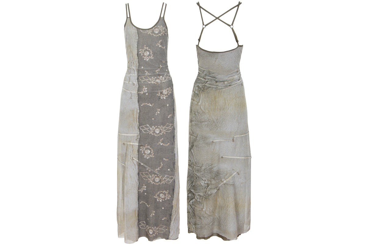 90s French brand mesh earth tones abstract print criss cross back spaghetti straps dress