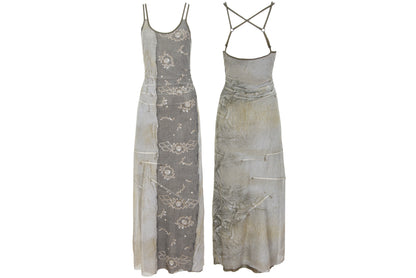 90s French brand mesh earth tones abstract print criss cross back spaghetti straps dress