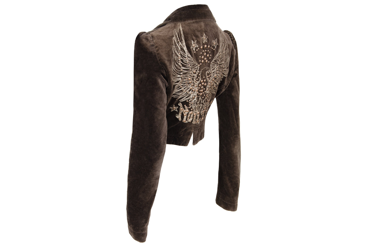 2000s Nolita brown velvet fitted cropped jacket with studded embroidered back - Made in Italy