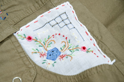 2000s Gaetano Navarra olive ruffled mini skirt with embroideries and decorative stitching