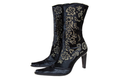 Vintage black calf hair Italian boots with floral motif and sleek high heel