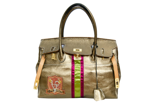 Vintage "Birkin" style Japanese brand golden bronze tone leather turnlock bag / Made in Japan