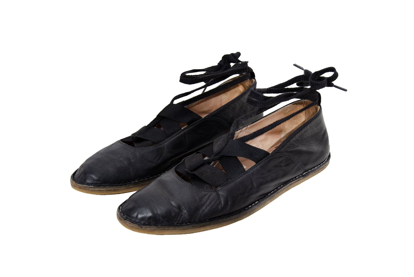 Vintage Dries Van Noten black leather lace-up glove ballet flats - Made in Italy