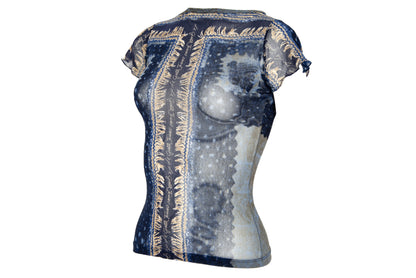 2000s Italian brand sheer mesh cap sleeves top with abstract print - Made in Italy