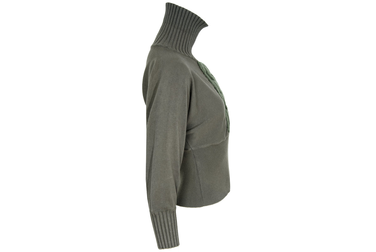 F/W 2001 Amaya Arzuaga olive green knit top with fitted waist and puff sleeves