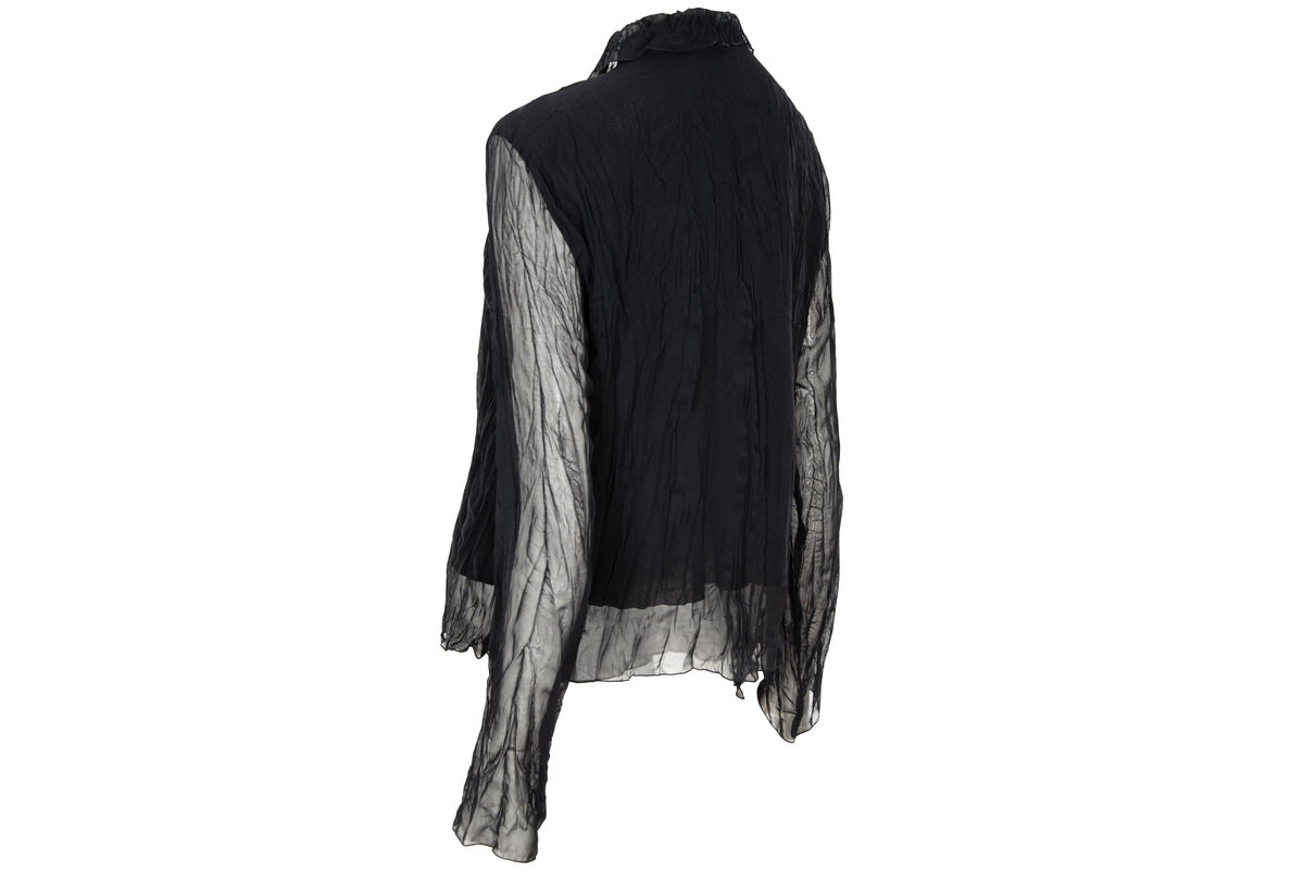 Vintage black sheer permanent pleats crinkled black blouse - Made in France