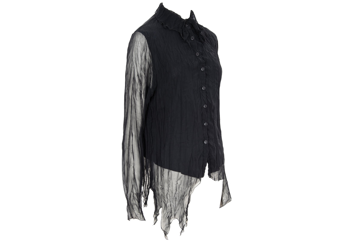 Vintage black sheer permanent pleats crinkled black blouse - Made in France