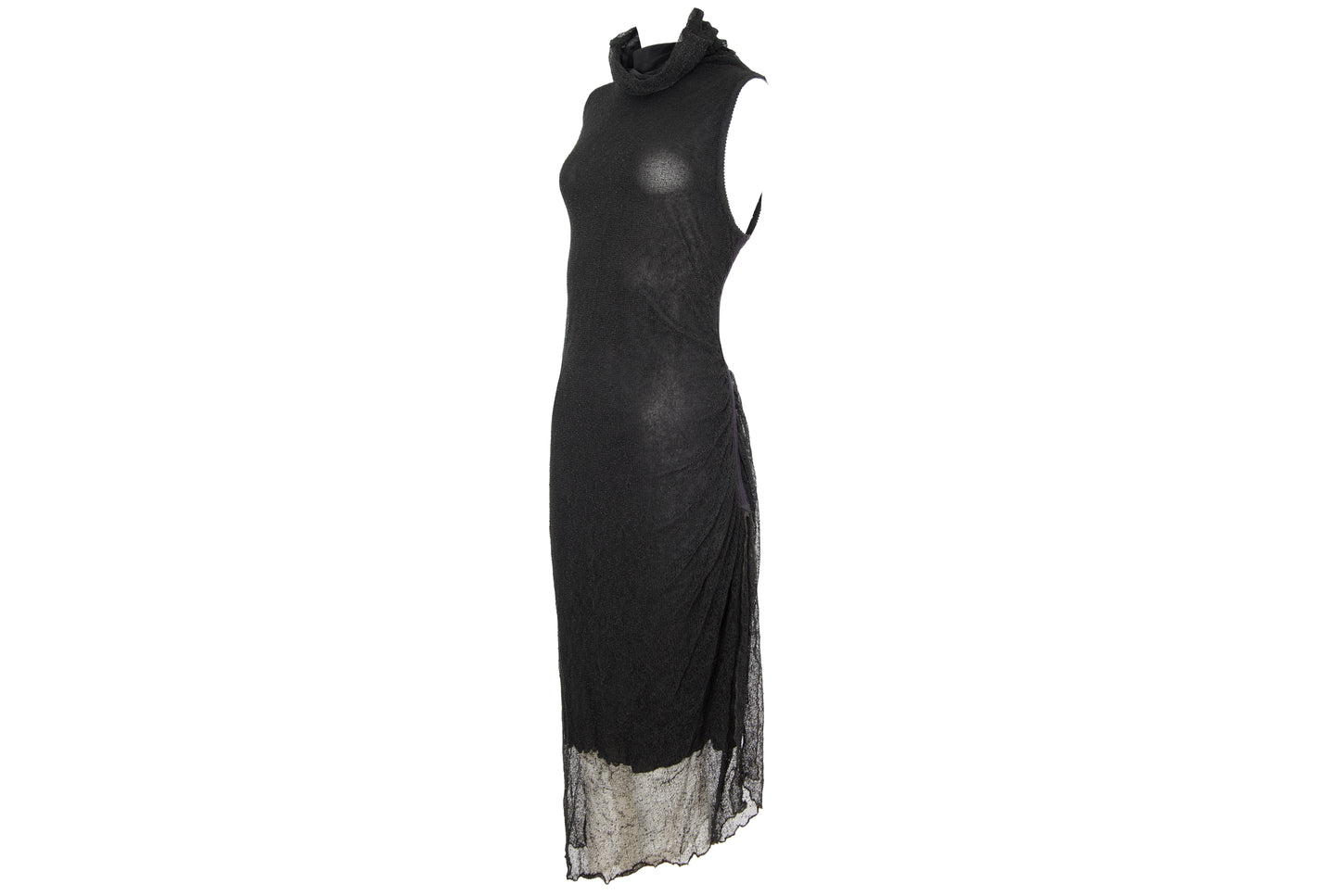 Vintage Sarah Pacini open fishnet knit cowl neck asymmetrical sleeveless dress