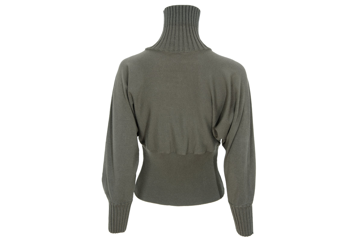 F/W 2001 Amaya Arzuaga olive green knit top with fitted waist and puff sleeves