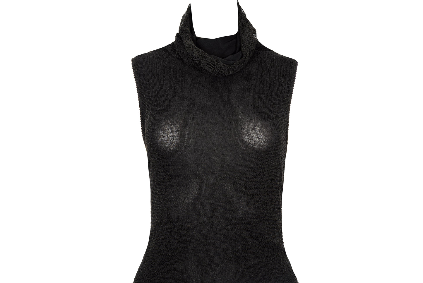 Vintage Sarah Pacini open fishnet knit cowl neck asymmetrical sleeveless dress