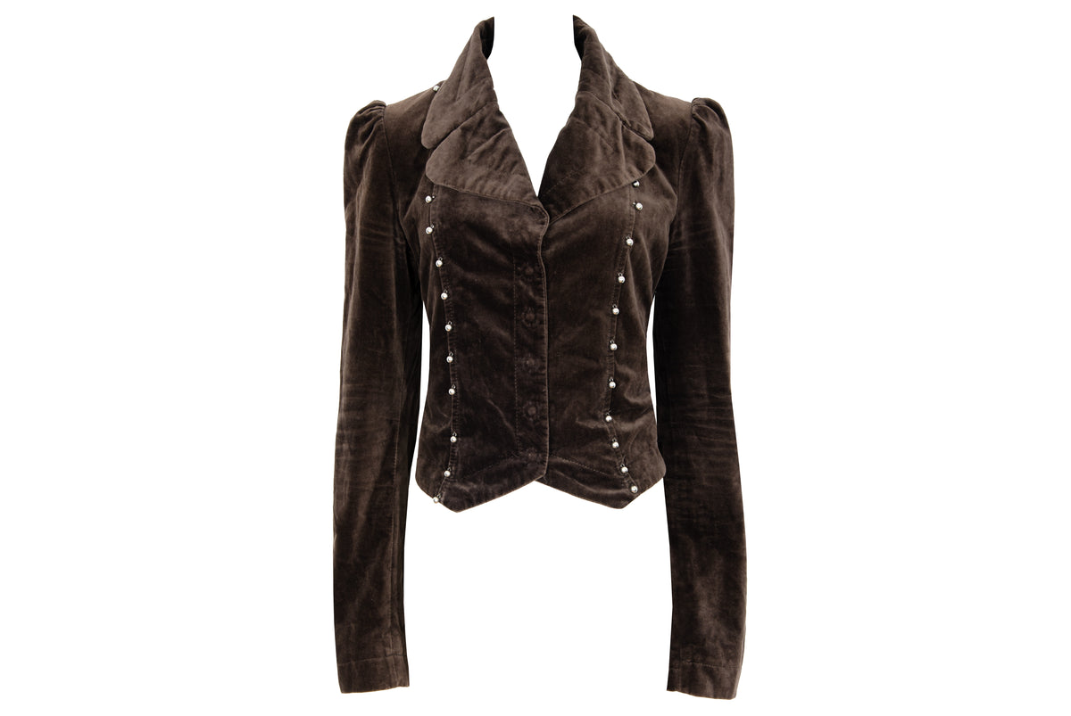 2000s Nolita brown velvet fitted cropped jacket with studded embroidered back - Made in Italy