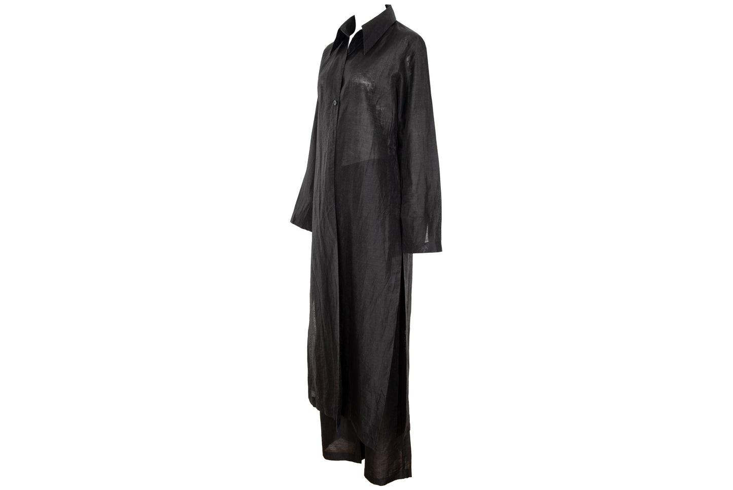 Vintage minimalist black linen long shirt jacket & pants two piece set