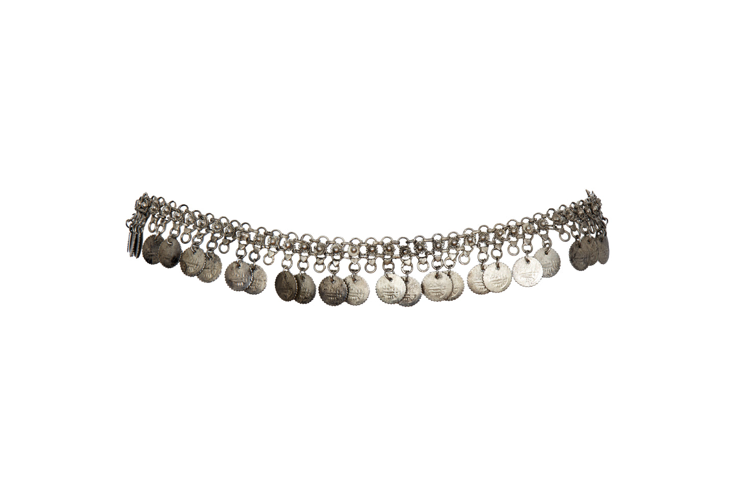 1970s Afghan Kuchi style silver tone metal chain belt with coin charms