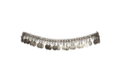 1970s Afghan Kuchi style silver tone metal chain belt with coin charms