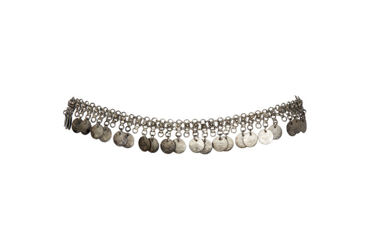 1970s Afghan Kuchi style silver tone metal chain belt with coin charms