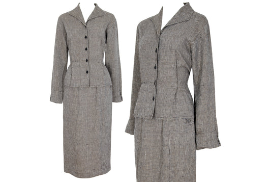 90s FLAX by Jeanne Engelhart 100% linen checkered blouse and skirt two piece set