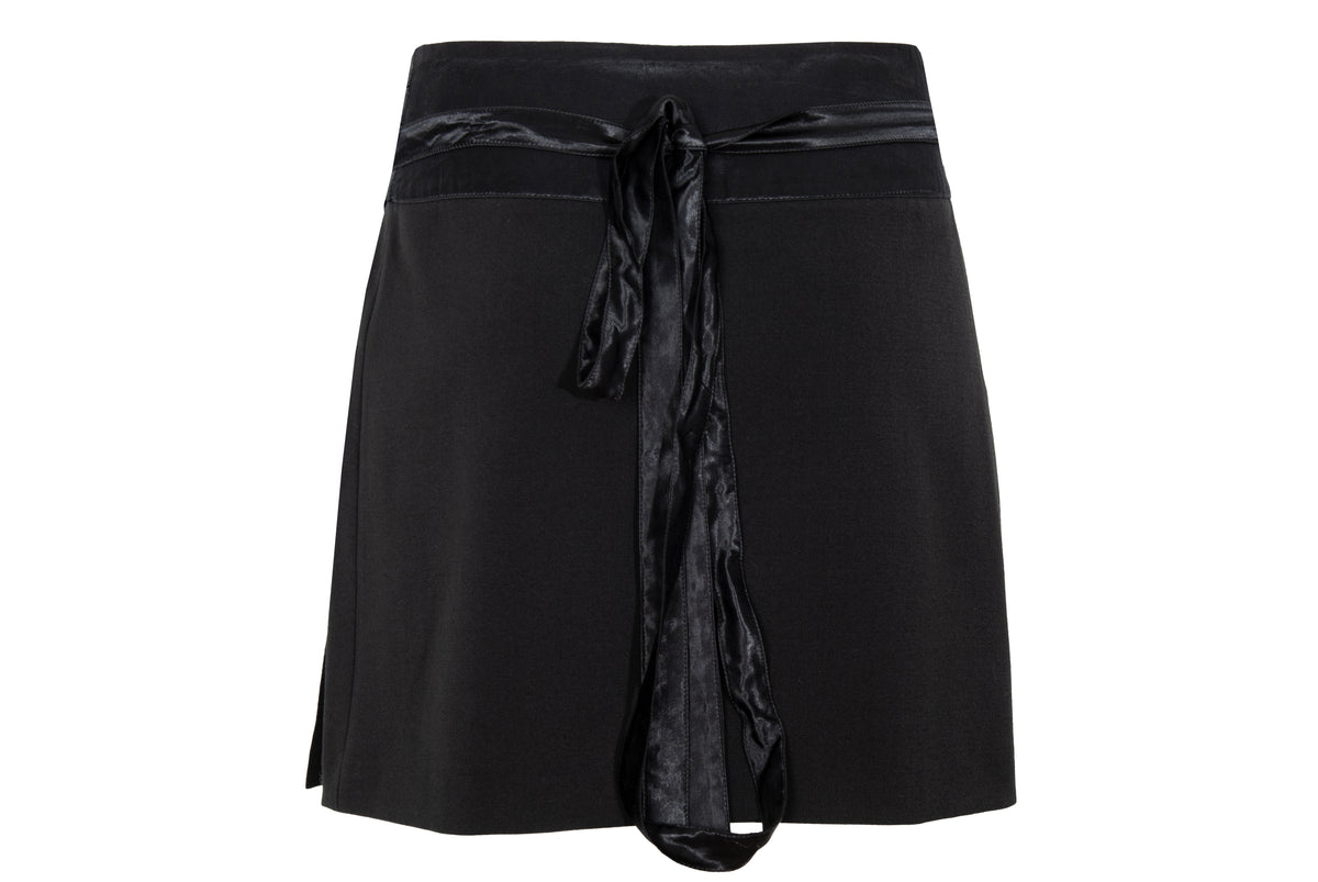 F/W 2001 Simultaneous black mini wrap skirt with pleated satin cummerbund waistband