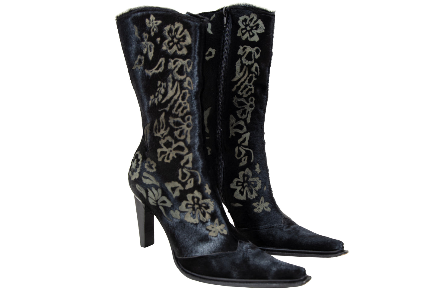 Vintage black calf hair Italian boots with floral motif and sleek high heel