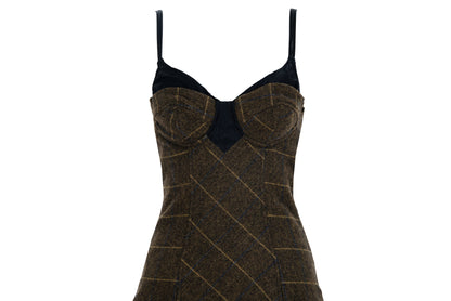 Vintage Italian brand wool plaid lace up corset dress with underwire cups