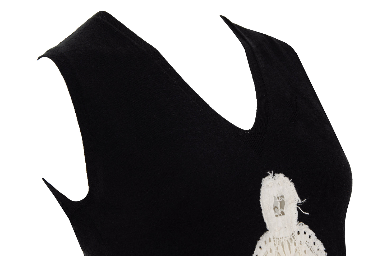 2000s Amaya Arzuaga soft black knit top with ecru doily appliqué - Made in Spain