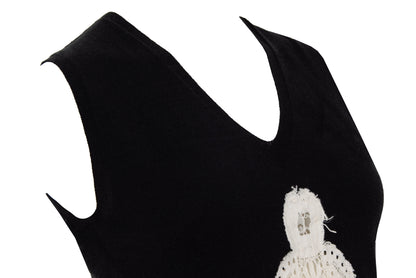 2000s Amaya Arzuaga soft black knit top with ecru doily appliqué - Made in Spain