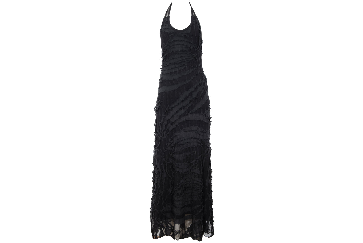 Vintage Italian designer abstract frayed cotton and mesh halter neck maxi dress