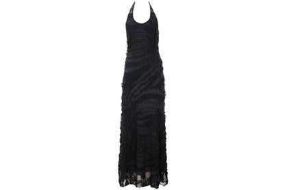 Vintage Italian designer abstract frayed cotton and mesh halter neck maxi dress