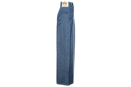 2000s Michiko Koshino two tone patchwork blue denim dramatic wide leg pants