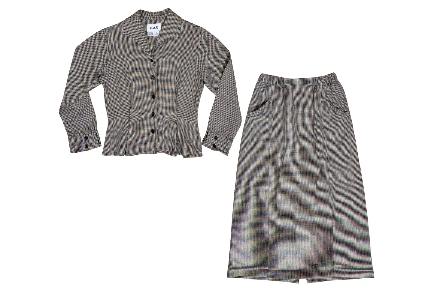 90s FLAX by Jeanne Engelhart 100% linen checkered blouse and skirt two piece set