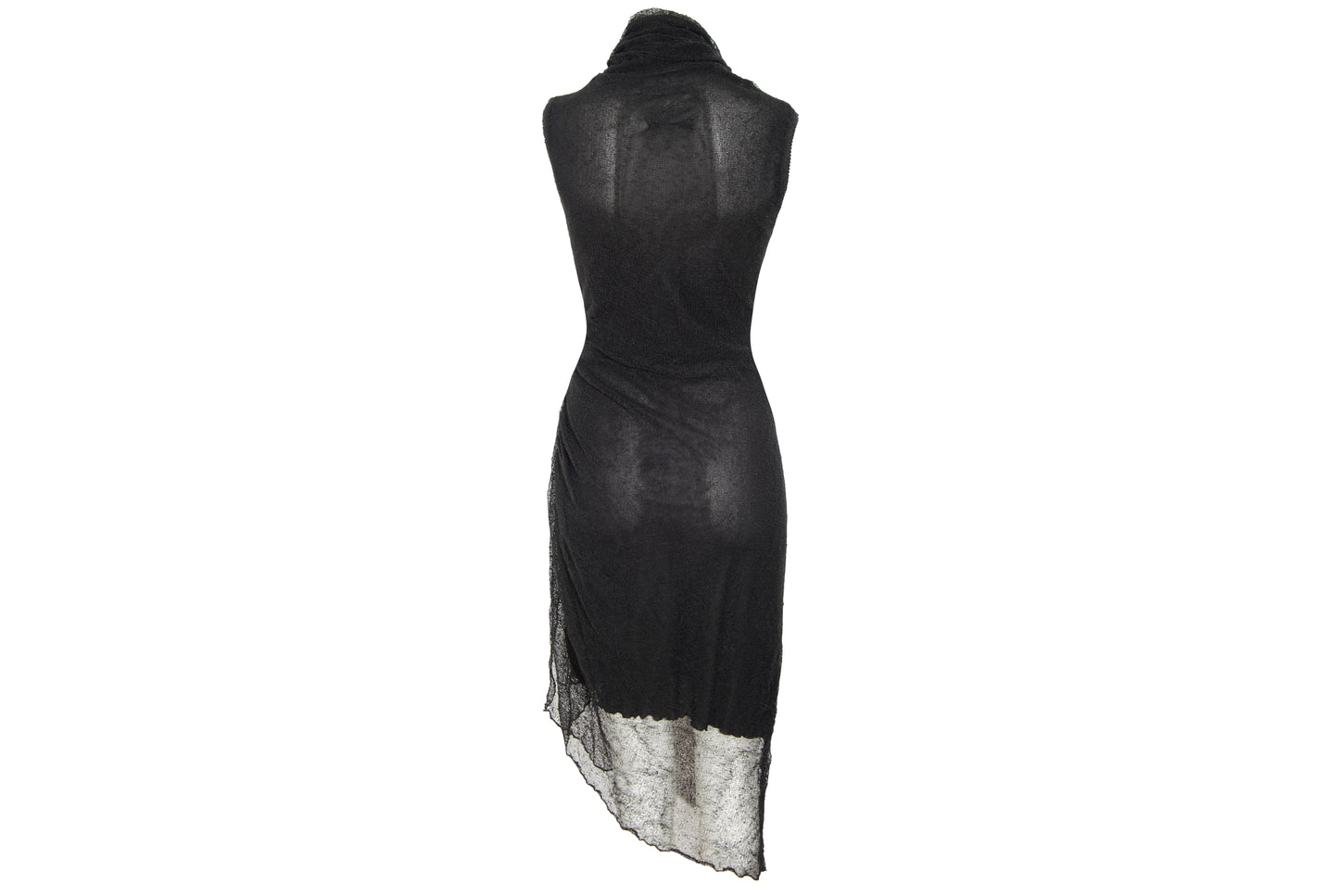 Vintage Sarah Pacini open fishnet knit cowl neck asymmetrical sleeveless dress