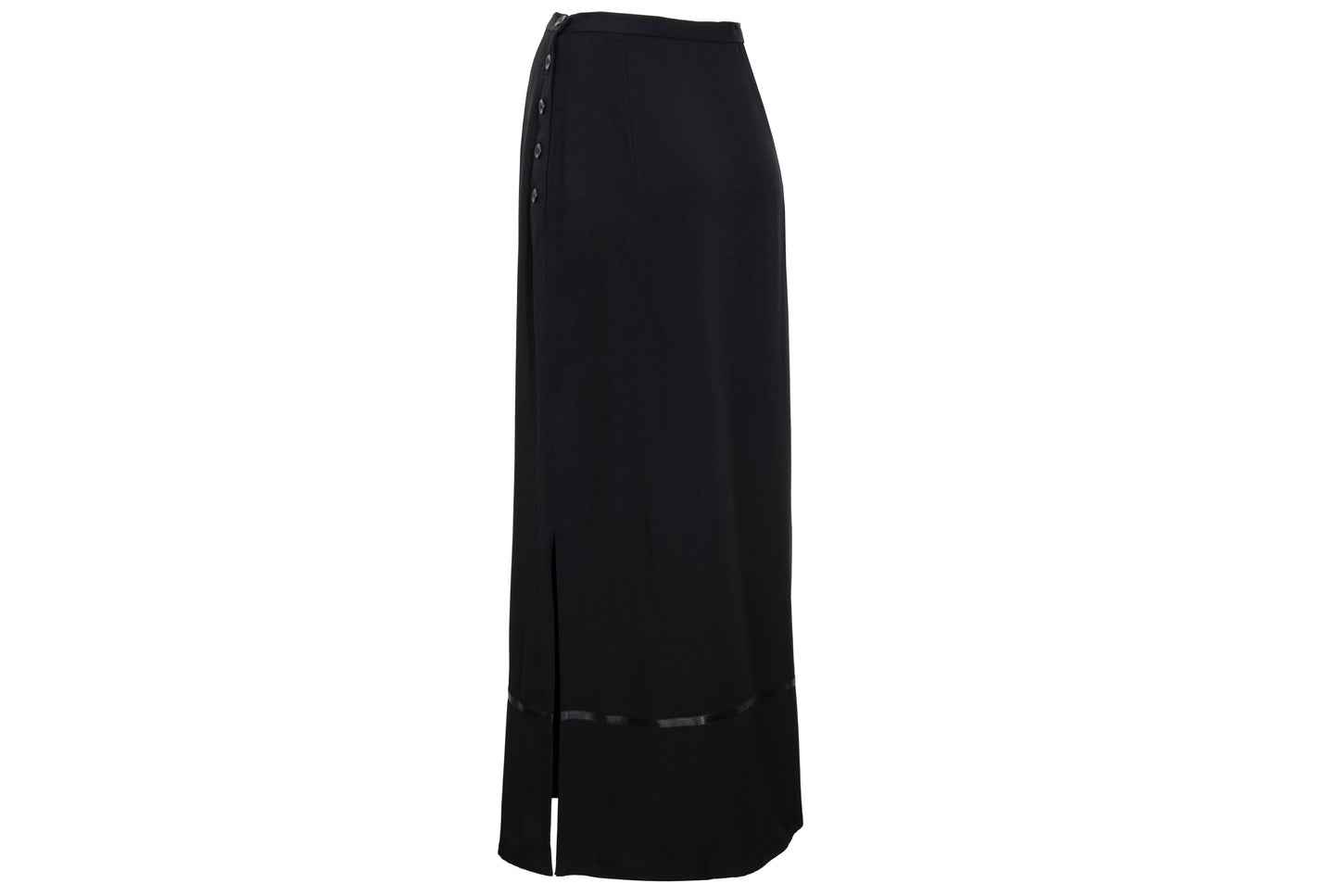 1990s Corinne Sarrut black maxi skirt with side button fastening and satin ribbon detailing