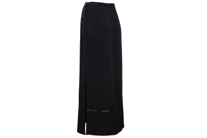 1990s Corinne Sarrut black maxi skirt with side button fastening and satin ribbon detailing