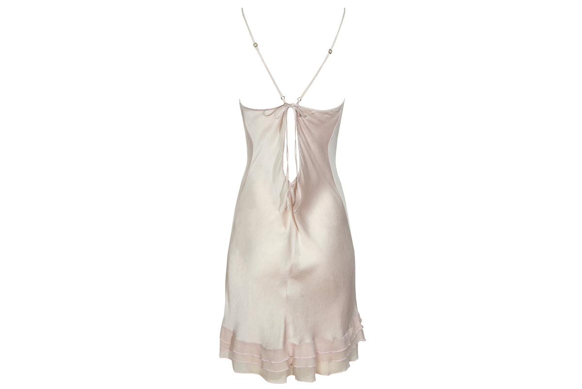 Vintage 100% silk pale blush pink open back ruffle hem spaghetti straps slip dress