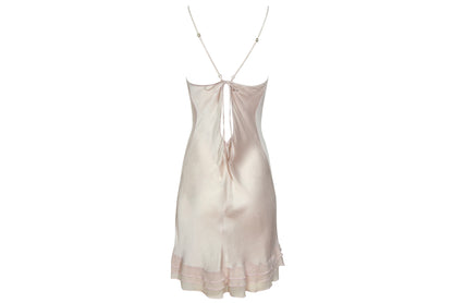 Vintage 100% silk pale blush pink open back ruffle hem spaghetti straps slip dress