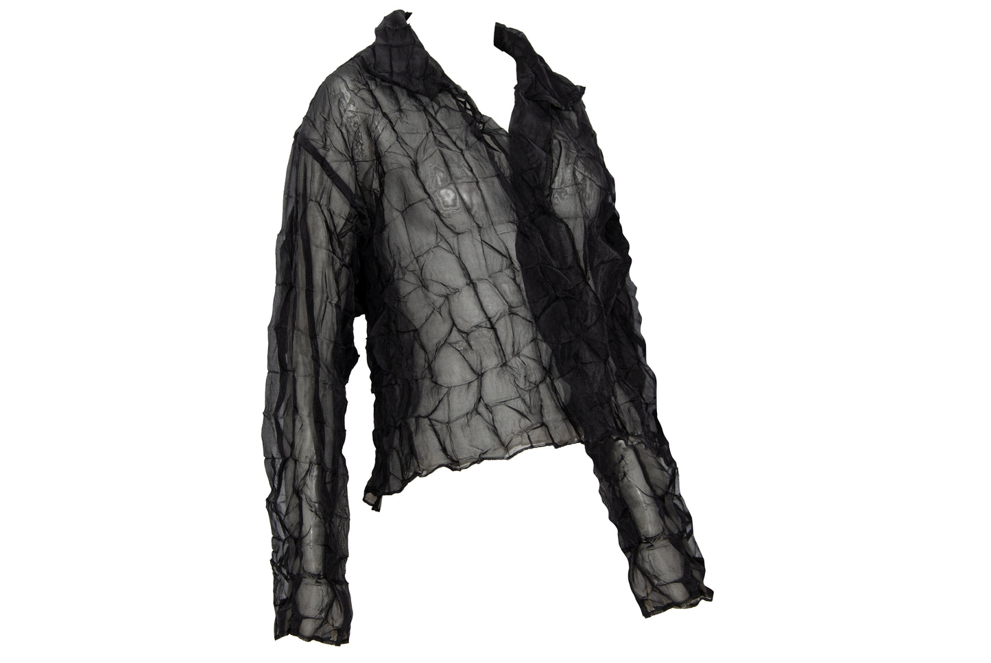 80s French designer permanent pleats sheer black open front blouse