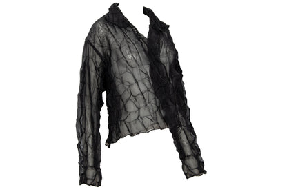 80s French designer permanent pleats sheer black open front blouse