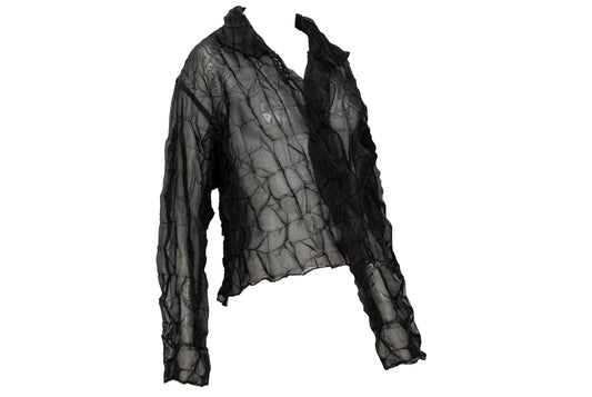 80s French designer permanent pleats sheer black open front blouse