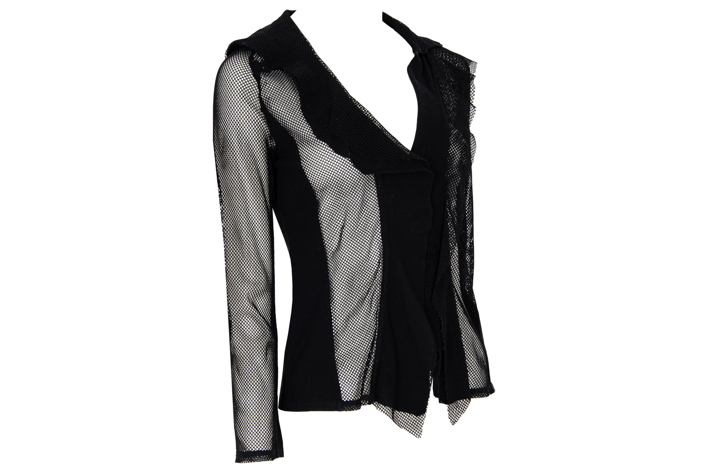Vintage Ritsuko Shirahama black fishnet top with contrast panels and asymmetrical construction