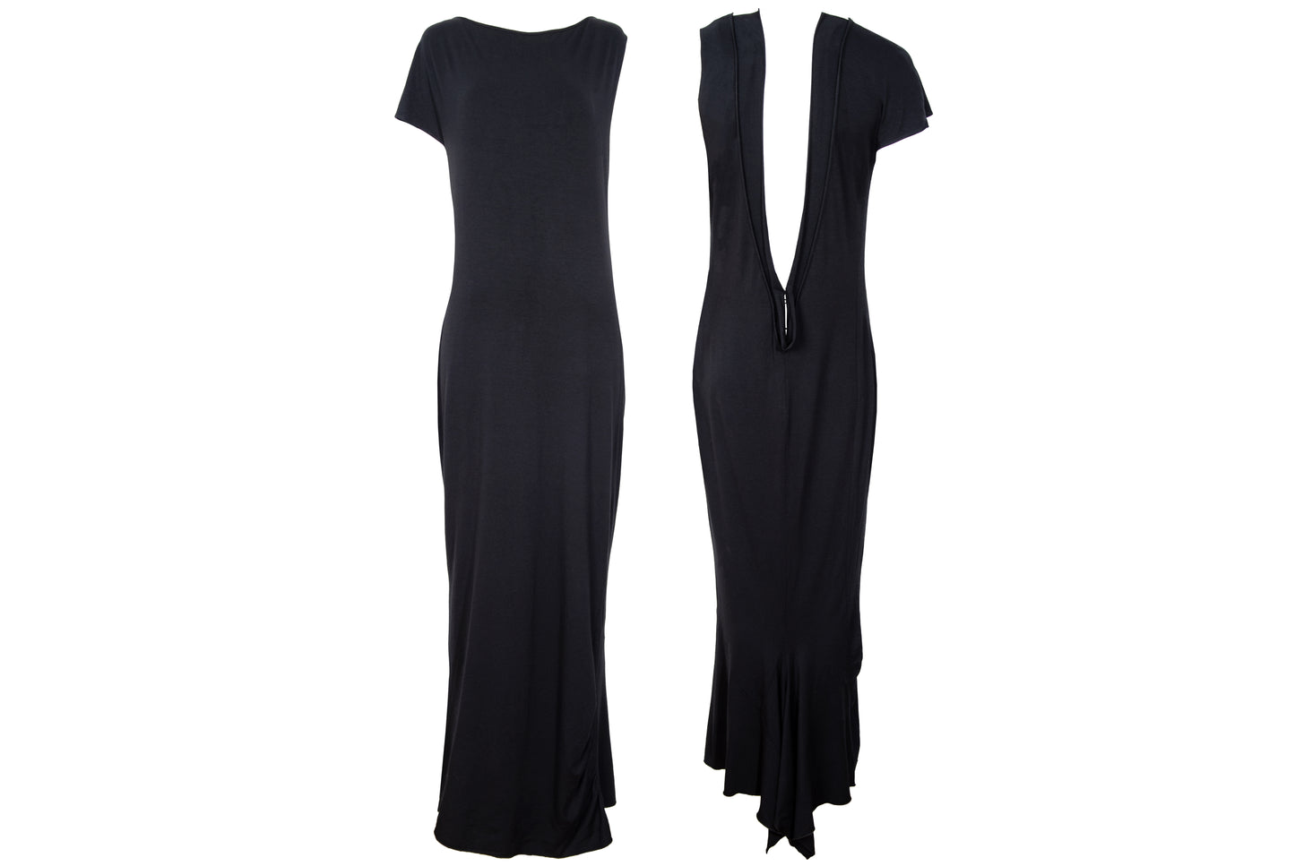 Vintage PierAntonioGaspari minimal black maxi dress with dramatic low back and asymmetrical sleeves