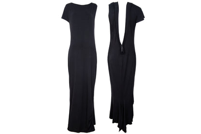 Vintage PierAntonioGaspari minimal black maxi dress with dramatic low back and asymmetrical sleeves