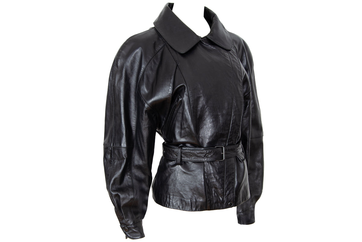80s Michael Hoban for North Beach Leather black cinched waist biker jacket