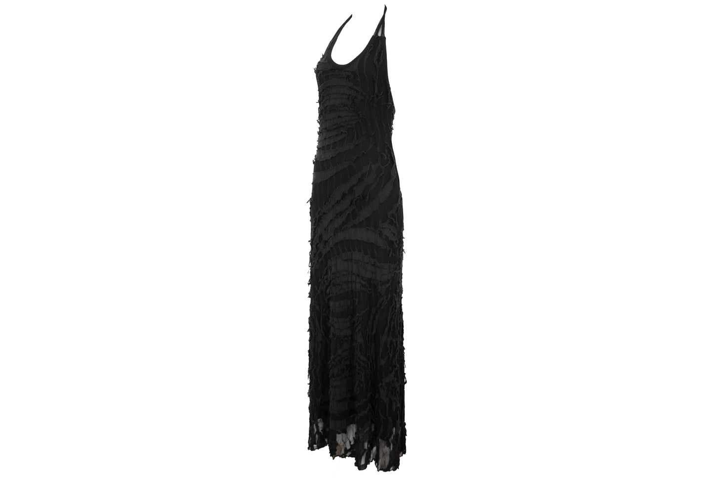 Vintage Italian designer abstract frayed cotton and mesh halter neck maxi dress