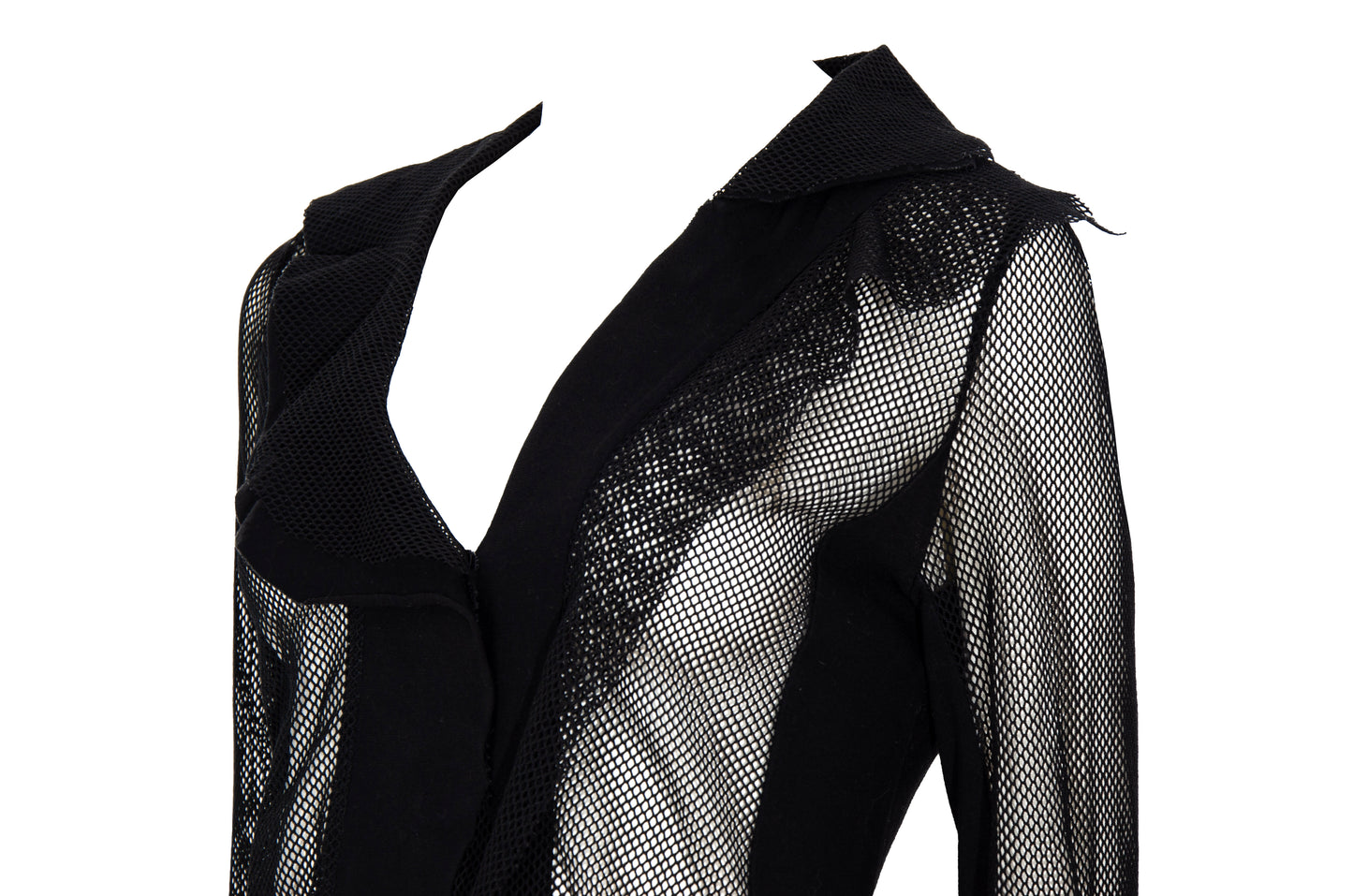 Vintage Ritsuko Shirahama black fishnet top with contrast panels and asymmetrical construction