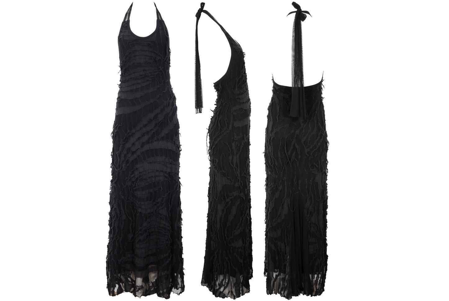 Vintage Italian designer abstract frayed cotton and mesh halter neck maxi dress