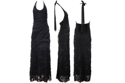 Vintage Italian designer abstract frayed cotton and mesh halter neck maxi dress