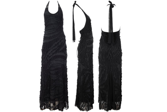 Vintage Italian designer abstract frayed cotton and mesh halter neck maxi dress