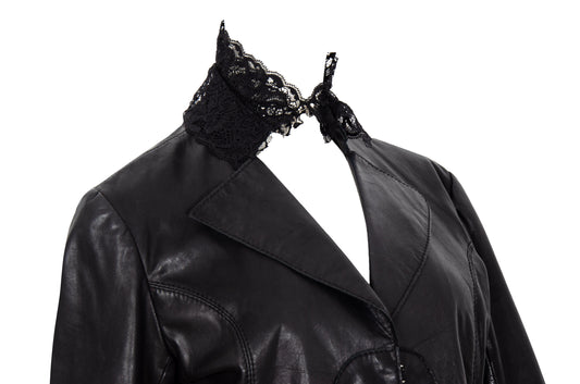 Vintage Victorian inspired black leather jacket with lace details - 2000s high end Belgian brand